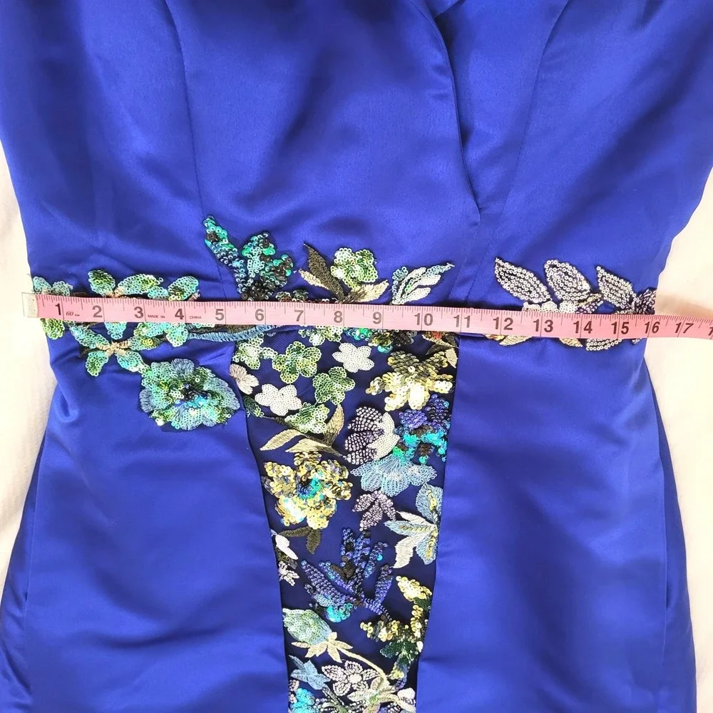 Glamora Royal Blue Satin Sheath Embroidered Sequin Gown Portrait Collar Train 8 - Picture 12 of 16